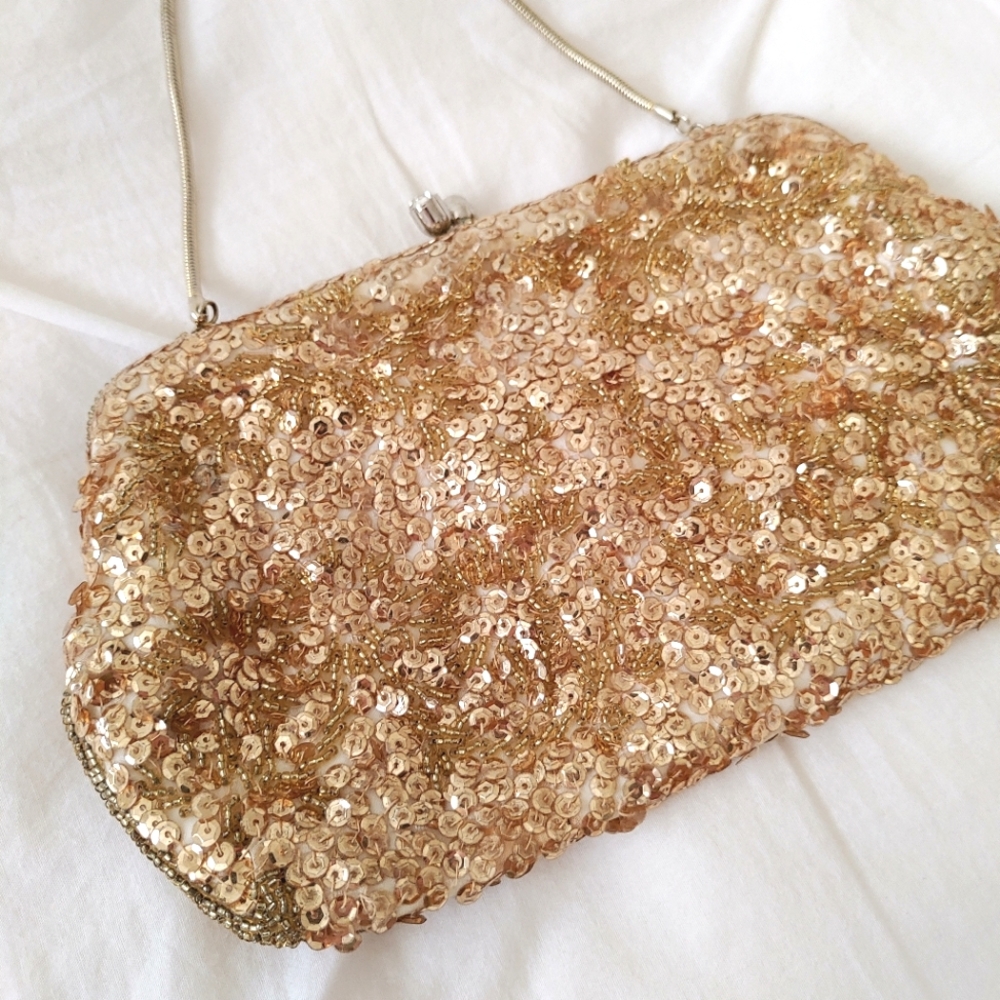 Vintage Gold Sequin Clutch Wristlet - Picture 2 of 11
